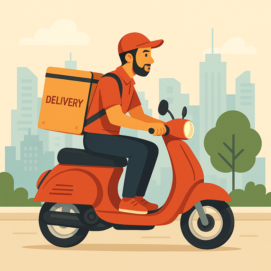 A 2D digital illustration depicts a delivery couri